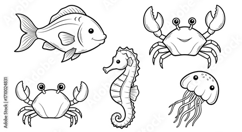 Illustration Vector Set of Sea Animals including Fish Crab Seahorse and Jellyfish in Cartoon Style