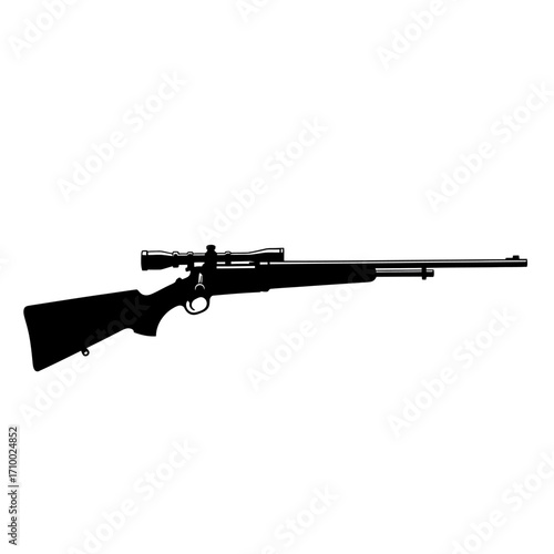 Silhouette of a detailed bolt action rifle with a telescopic scope on a clean white background
