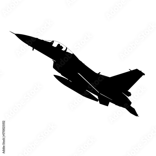 Silhouette of a modern fighter jet aircraft in flight against a white background