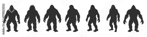 Bigfoot silhouette vector collection, sasquatch yeti icons set for mythical and fantasy illustration design.