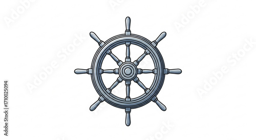 Illustration of a gray ship wheel, a nautical symbol for navigation and maritime adventures