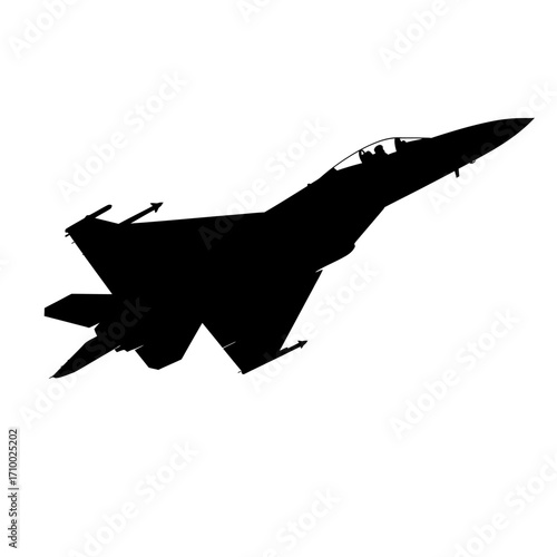 Silhouette of a modern fighter jet aircraft in flight against a clean white background