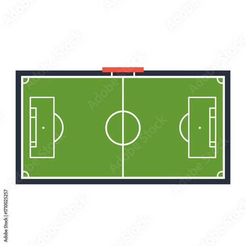 Top down view of a clean green soccer field with white lines and a red umpire chair