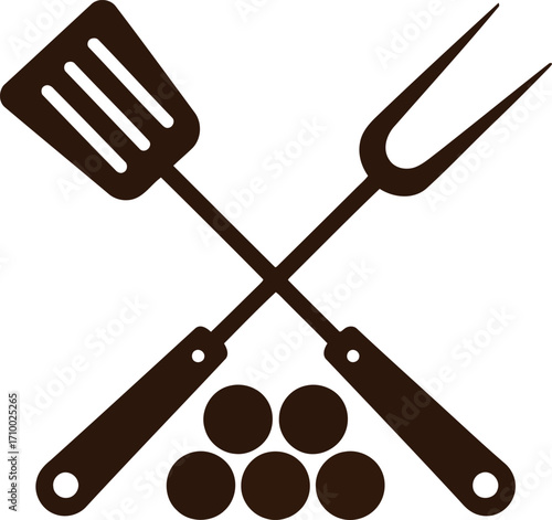 Crossed bbq grill tools and meatballs icon food graphic vector