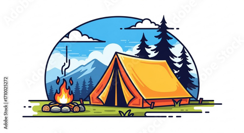 A vibrant camping scene featuring a cozy tent nestled amidst towering trees, a crackling campfire, and majestic mountains