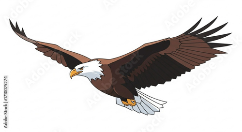 A majestic bald eagle soars through the sky with its wings spread wide, showcasing its power and grace
