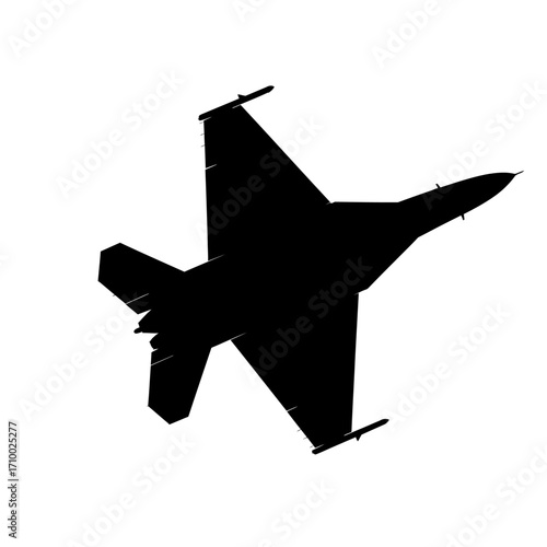 Silhouette of a modern fighter jet aircraft in flight against a clean white background