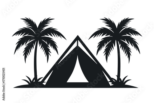 Camping tent with palm tree silhouette vector, tropical outdoor travel design for holiday and adventure.