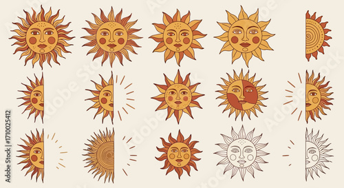 Vintage Celestial Vector Pattern with Sun Faces Illustration in Muted Colors