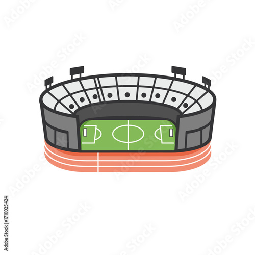 Cartoon illustration of a modern sports stadium with a green field and running track
