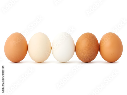 Five Fresh Chicken Eggs in Brown and White Colors Neatly Lined Up on a Clean White Background for Healthy Cooking Ingredients