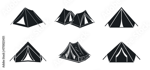 Camping tent vector collection, outdoor shelter icons for travel, adventure, hiking, survival design.