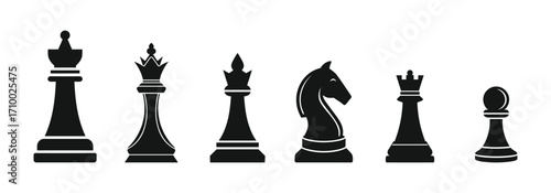 Chess piece silhouettes vector set, king queen rook knight bishop pawn icons for strategy game design.