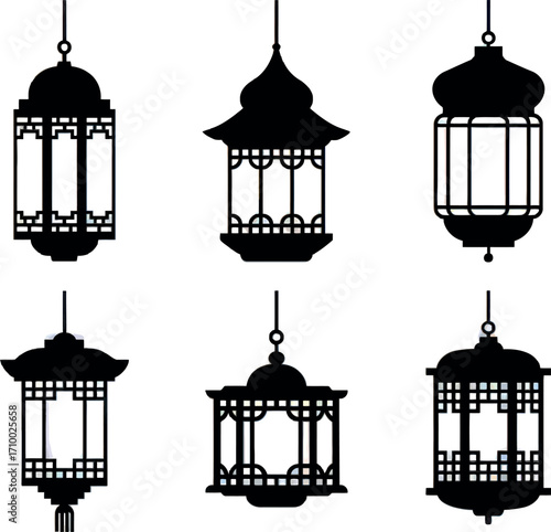 Elegant ramadan lanterns set islamic arabesque ornate decorations vector