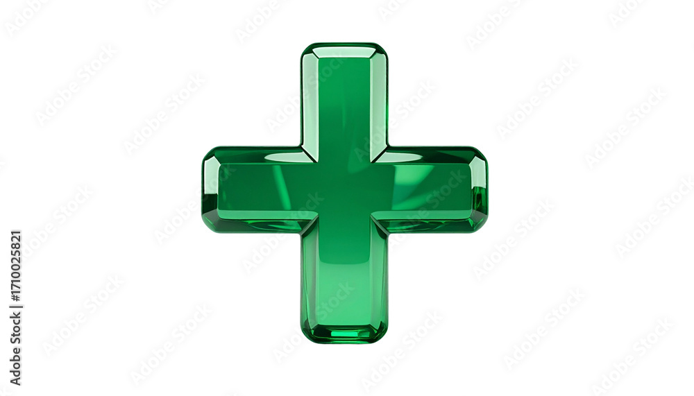 Fototapeta premium Emerald plus symbol gleaming softly on isolated transparent field, ethereal isolated on solid white background