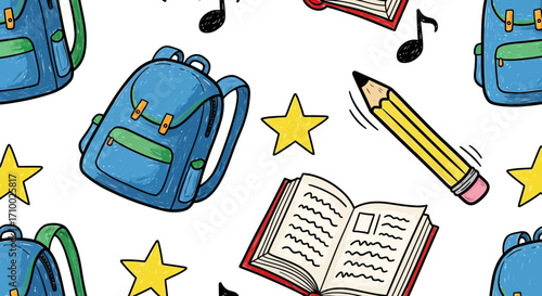 Cartoon Vector Pattern with Backpack Book Pencil Star and Music Notes in School Design