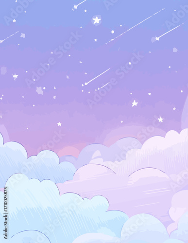 Ilustração vetorial de céu noturno pastel com estrelas e nuvens