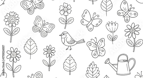 Cute Spring Vector Illustration with Bird Butterfly Flowers Leaves and Watering Can in Outline Style