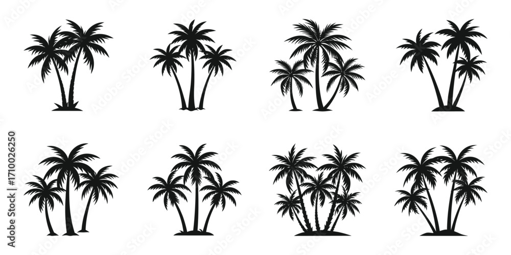 Fototapeta premium Palm tree silhouette vector set tropical beach island summer holiday design collection.