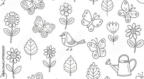 Doodle Vector Pattern with Flowers Butterfly Bird and Watering Can in Sketchy Style