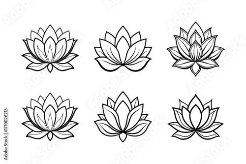 Lotus flower line art vector illustration set, floral outline design for yoga and tattoo.