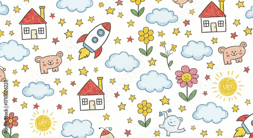 Cute Kids Vector Pattern with Bears Rocket Houses Flowers Clouds and Stars in Cartoon Style