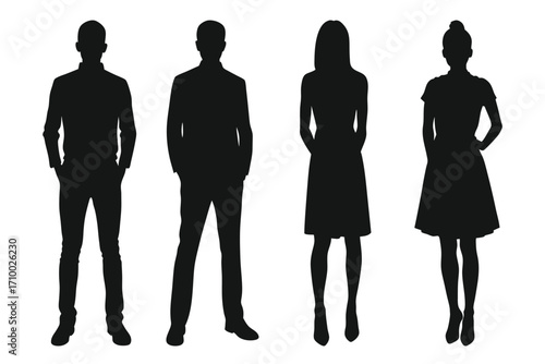 Men and woman standing silhouette vector set people pose fashion design graphic.