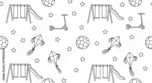 Line Art Playtime Vector Pattern with Playground Equipment Balls Scooters and Stars Modern Kids Design