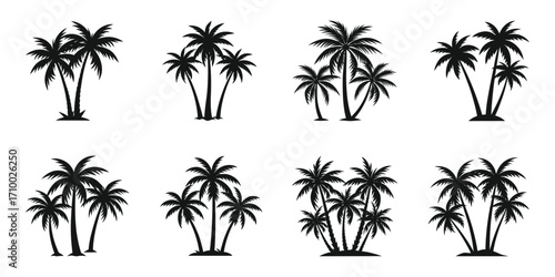 Palm tree silhouette vector set tropical beach island summer holiday design collection.