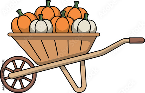 Autumn harvest wheelbarrow pumpkin patch seasonal farm fresh produce vector