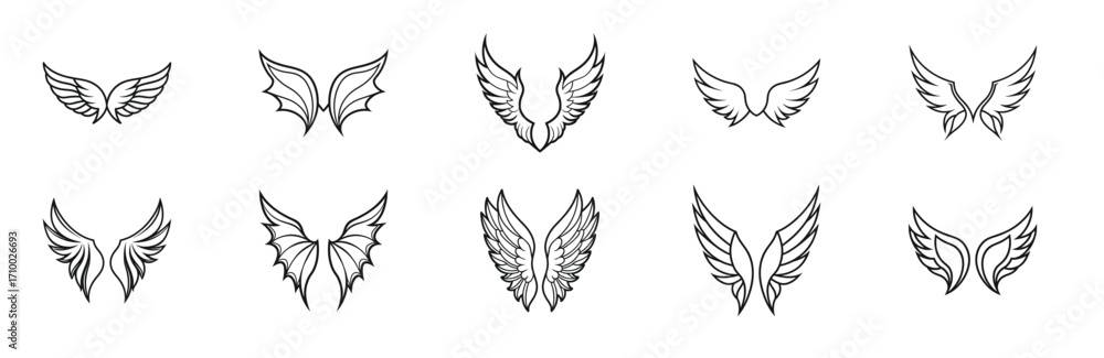 Obraz premium Hand drawn wings feather silhouette vector collection, abstract decorative design pairs.