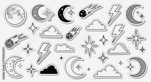 Celestial Vector Illustration Featuring Moon Stars Clouds and Lightning Bolts in Monochromatic Line Art Style