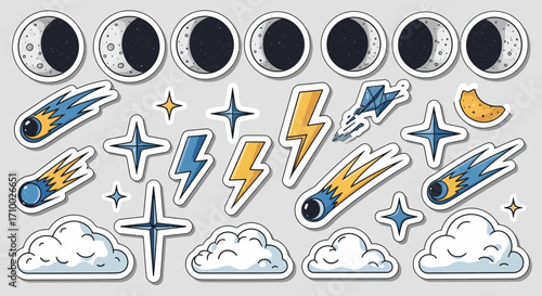 Illustration Set Vector featuring Moon Phases Meteors Lightning Stars Clouds in Cartoon Style
