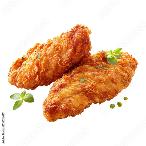 Crispy fried chicken tenders served hot and fresh with herbs on a transparent background