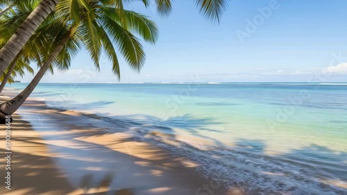 Idyllic tropical beach with palm trees casting shadows on the sand and turquoise water in Samoa, south pacific