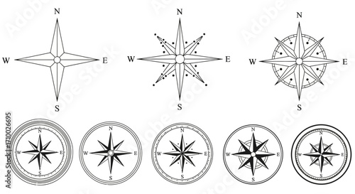 Compass Vector Icon Set with Circular Designs and Directional Letters in Black Outline Style