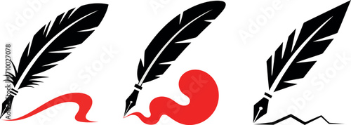 Vintage quill pen writing red ink strokes isolated artistic illustration vector