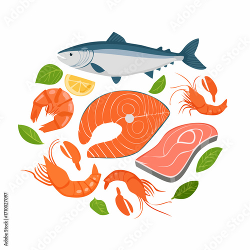 Fresh raw fish and seafood set. Shrimp, crab, squid, salmon and over fish products. Grocery market concept. 