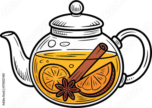 Cozy spiced orange tea infusion in glass teapot vector