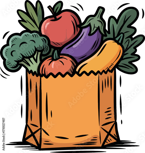 Paper bag filled with fresh healthy vegetables and fruits hand drawn illustration vector