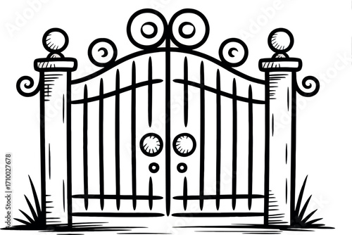 Ornate wrought iron gate hand-drawn sketch artistic entrance vector