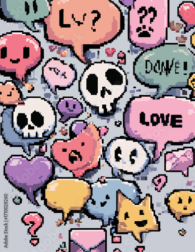 Aglomerado de ícones vetoriais em estilo pixel art pastel