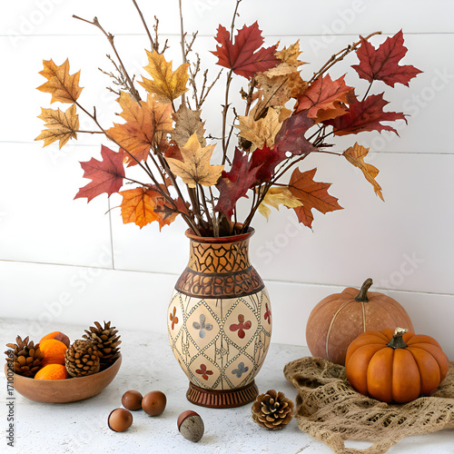 Still life with autumn leaves and acorns
