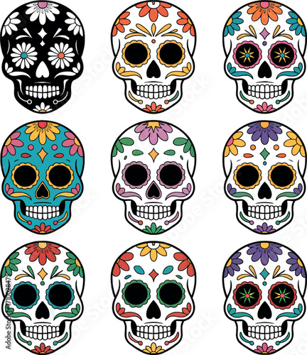Colorful sugar skull art collection festive floral day of dead designs vector