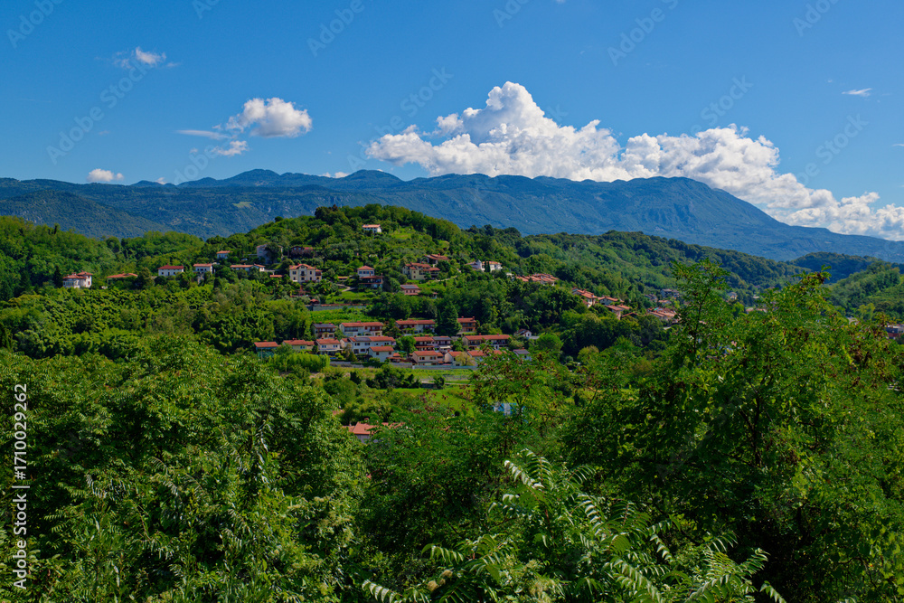 Naklejka premium Beautiful Slovenian village on top of the hill across the Italian border. View from Gorizia. Lush green forest and mountains in the background. Village near Pristava, Nova Gorica on a summer day.