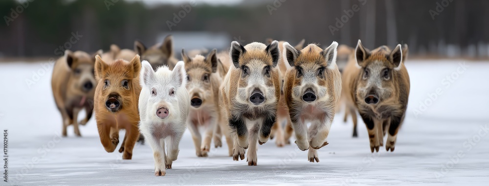Naklejka premium Group of pigs running on a snowy landscape in winter, showcasing different breeds and colors with a blurred background of trees