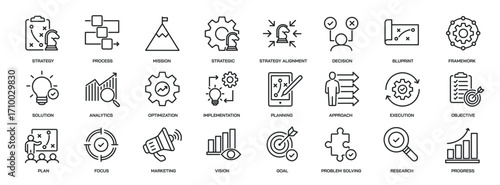 Set of collection line icons related Business strategy, planning, goal, development. Editable stroke. Perfect pixel on white background