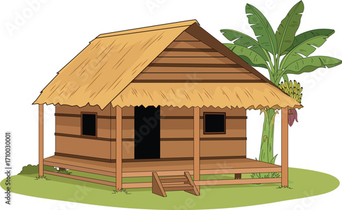 Traditional Wooden Hut with Thatched Roof and Banana Tree – Rural Village House Illustration. Assam Bamboo House. Indian House. Jhopadi. Indian Village Hosue.
