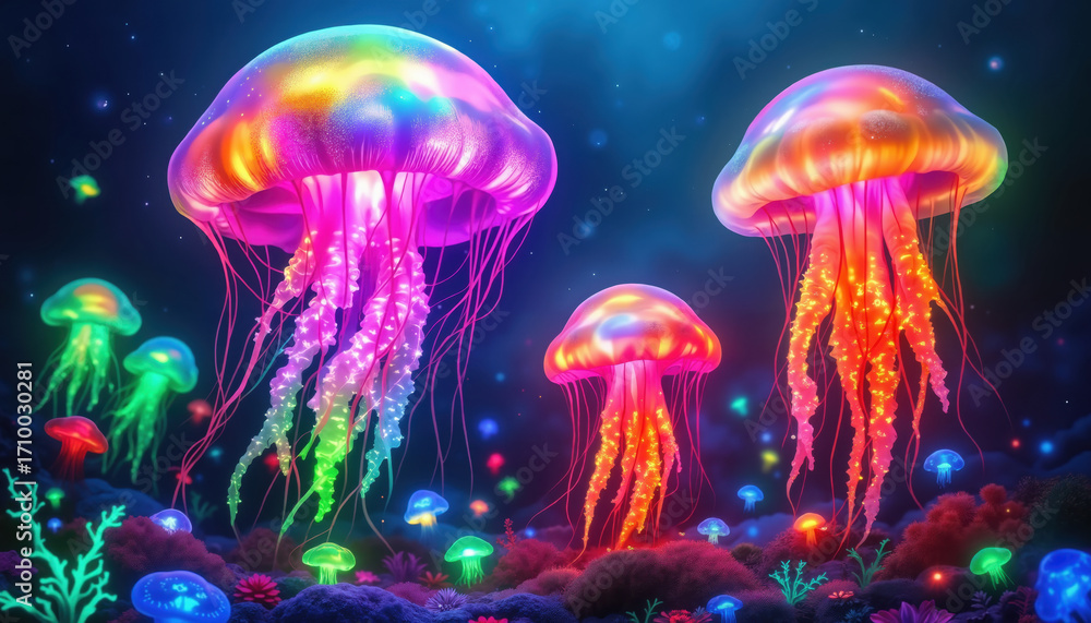 Fototapeta premium Colorful jellyfish floating in a dark underwater scene