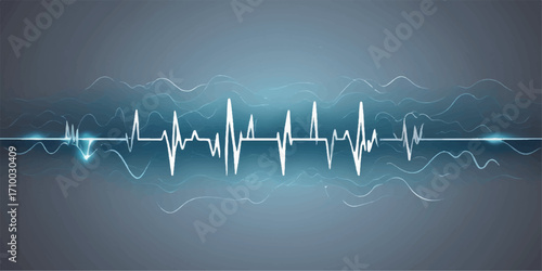 An abstract medical background with a green heartbeat on a monitor displays the cardiogram pulse wave making a heart shape, representing health and cardiology